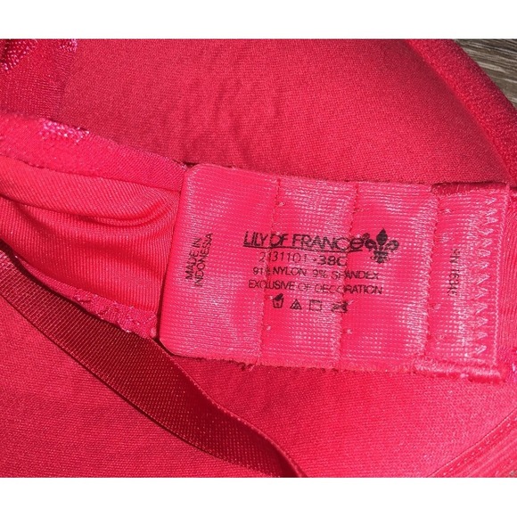 Lily Of France Bra Size 38C Red Underwired Push-Up Adjustable Straps Floral - Picture 4 of 5